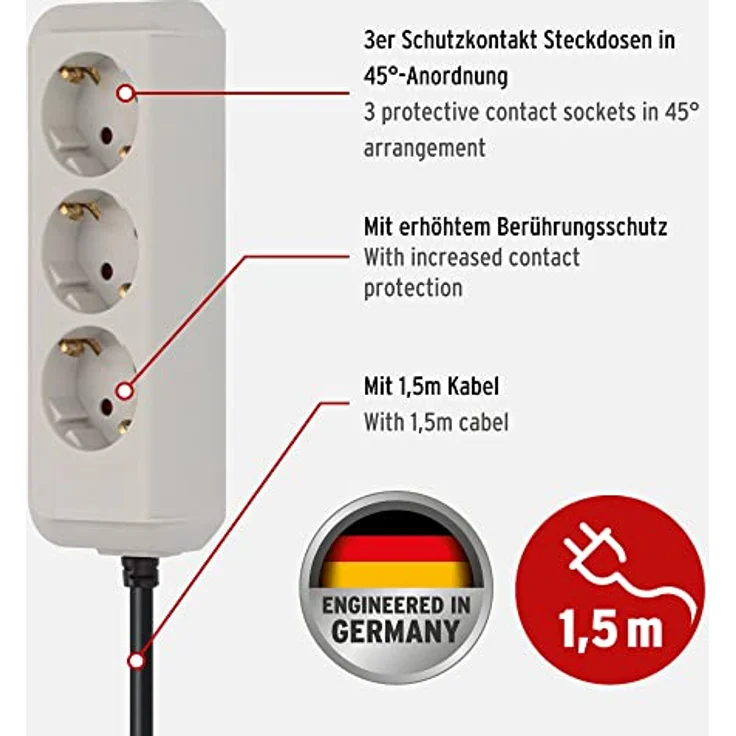 Brennenstuhl Steckdosenleiste 3-fach (Steckerleiste mit erhöhtem Berührungsschutz und 1,5m Kabel) lichtgrau – Bild 2