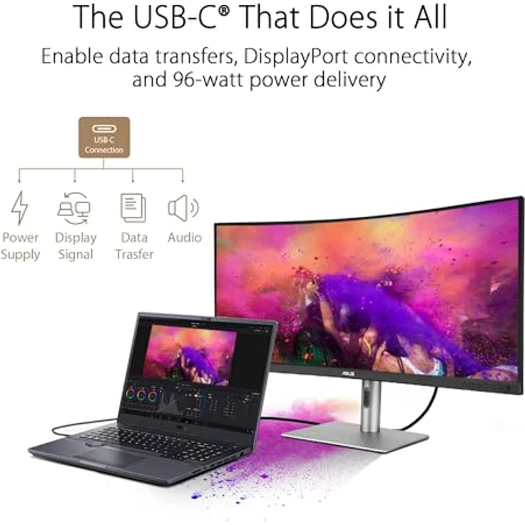 ASUS ProArt PA34VCNV - 34 Zoll UWQHD Professioneller Curved Monitor - 21:9 IPS, 3440x1440, 60 Hz - ergonomisch, Calman, hohe Farbtreue, HDR 10 - RJ45, DisplayPort, HDMI, 96W USB-C, USB-Hub, Speaker – Bild 5