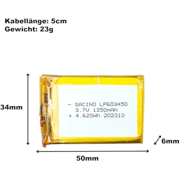 EFASO 603450 LIPO Akku 3.7V 1250 mAh mit PCM und JST Stecker PH2.0-2P, wiederaufladbar mit Schutzplatine, 500 Ladezyklen – Bild 2