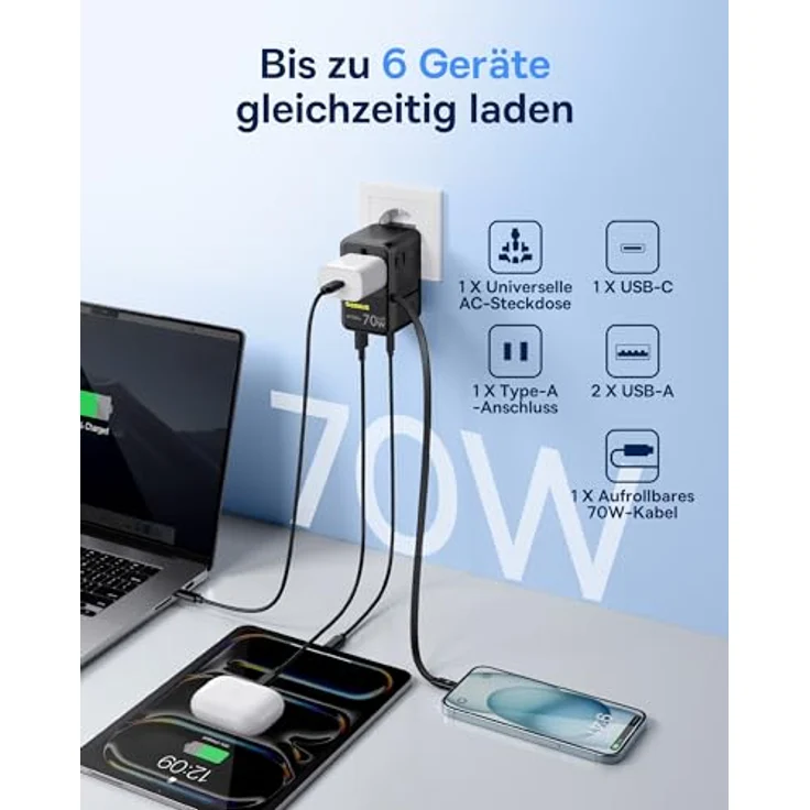 Baseus Enercore 70W Reiseadapter, Universeller Steckdosenadapter mit 2AC+2USB A+USB C und ausziehbarem Kabel für weltweite Nutzung in USA, England, Japan, Thailand, Australien – Bild 2