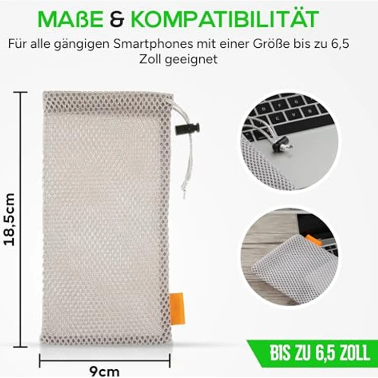wortek Universal Handytasche 18,5x9 cm, Nylon Mesh Beutel für Smartphones bis 6,5 Zoll, grau, mit Kordelzug, flexibel und schützendes Design – Bild 3