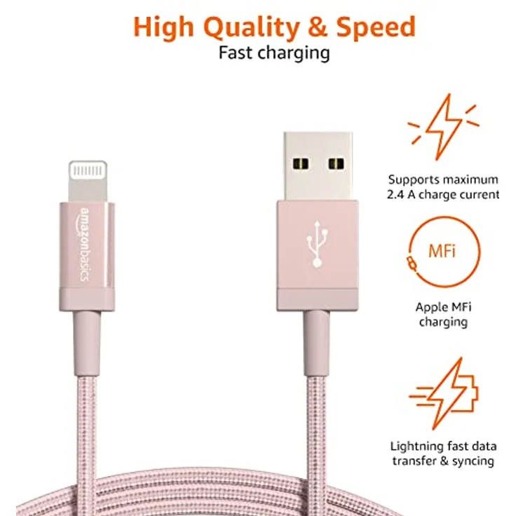 AmazonBasics – Verbindungskabel Lightning auf USB-A, Nylon-umflochten, MFi-zertifiziertes Ladekabel für iPhone, rotgoldfarben, 1,82 m, 2 Stück – Bild 3