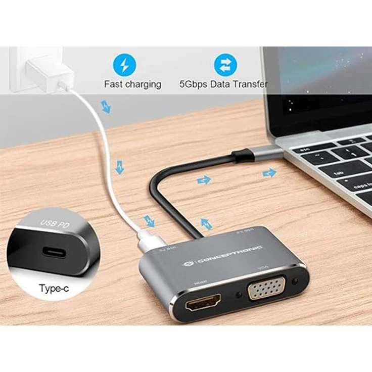 CONCEPTRONIC DONN16G 4-in-1 USB 3.2 Gen 1 Dockingstation, HDMI, VGA, USB-A 3.0, 100 W USB PD – Bild 4