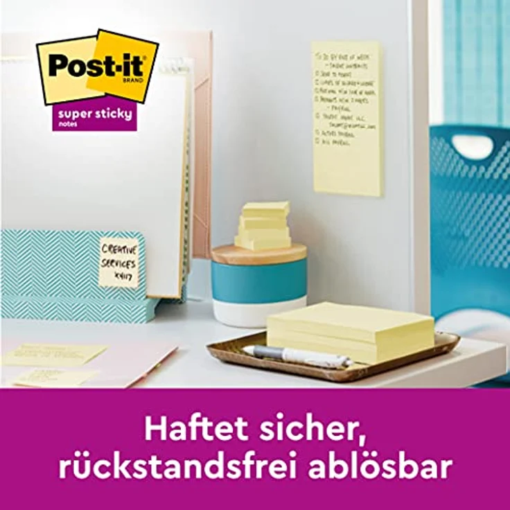 Post-it Super Sticky Z-Notes, Haftnotizblock 76 x 76 mm, gelb, 12x 90 Blatt, Z-Faltung für einfache Einzelblattentnahme – Bild 6