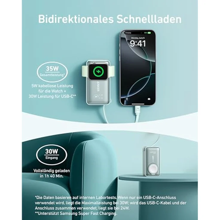 Anker MagGo Powerbank für Apple Watch, offiziell Zertifiziert, 10.000mAh mit USB-C-Kabel, 35W Max., iPhone 15 Serie, Samsung, iPad, AirPods, Schwarz – Bild 3