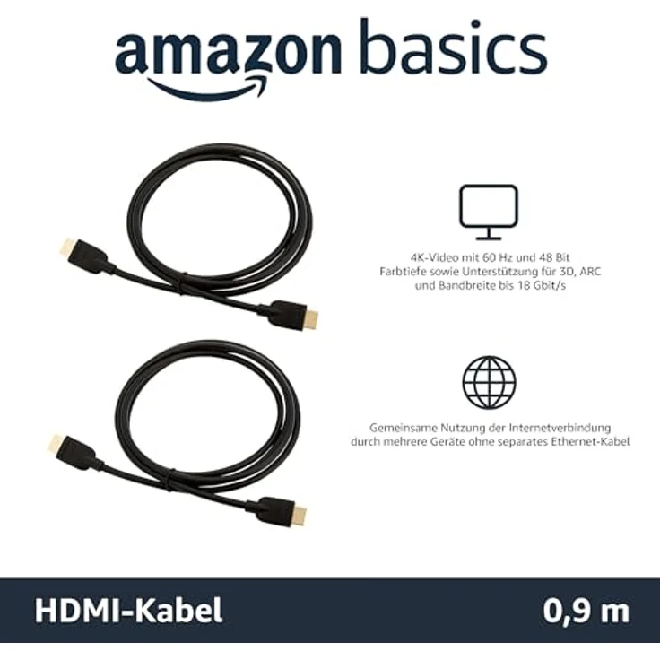 AmazonBasics Hochgeschwindigkeits-HDMI-Kabel 2.0, Ethernet, 3D, 4K-Videowiedergabe und ARC, 0,9 m, 2er-Pack – Bild 2