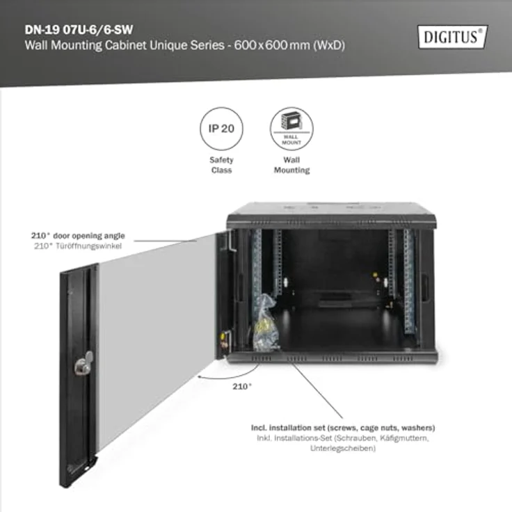 DIGITUS Netzwerk-Schrank 19 zoll 7 HE - Wandmontage - 600 mm Tiefe - Traglast 100 kg - Unique Serie - Glastür - Schwarz - Preisvergleich – Bild 5