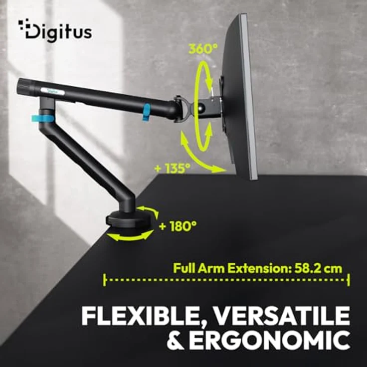 DIGITUS Monitor Halterung – Einzelmonitor – bis 35 Zoll – mechanische Feder – 10 kg Traglast – VESA 75x75, 100x100 – Tischklemme – schwarz – ergonomisches Design mit Kabelmanagement – Bild 3