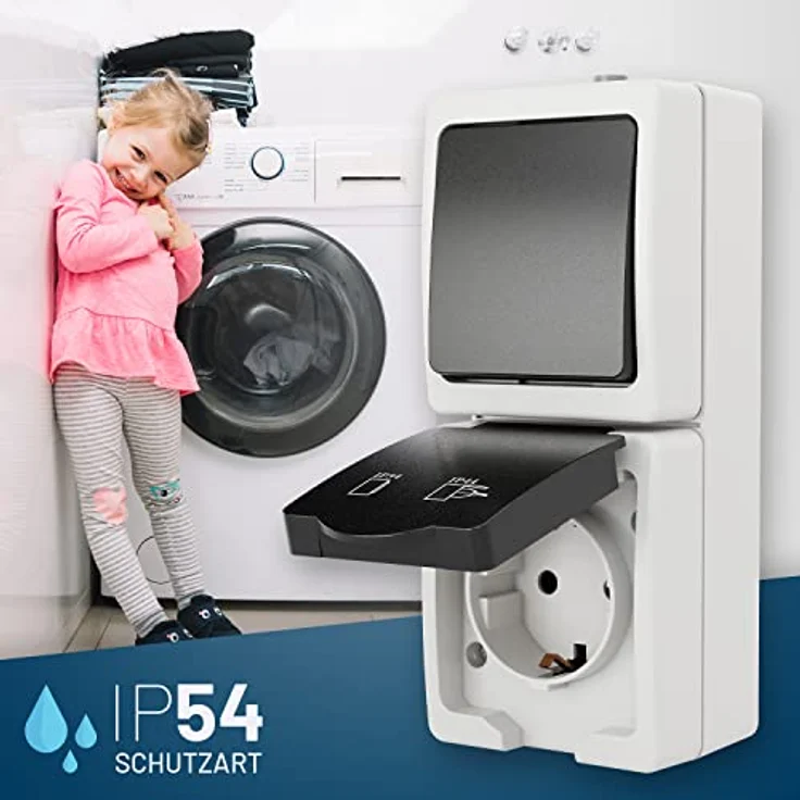 ABSINA greate 10x Aufputz Schalter Steckdose Kombination mit IP44 für Feuchtraum - Wechselschalter 250V & 16A, grau – Bild 2