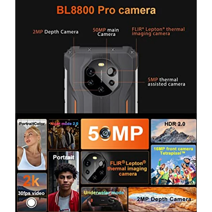 Blackview BL8800 PRO 5G Wärmebildkamera Outdoor Smartphone, 50MP Quad Kamera, Dimensity 700 8GB+128GB, IP68 Schwarz – Bild 3
