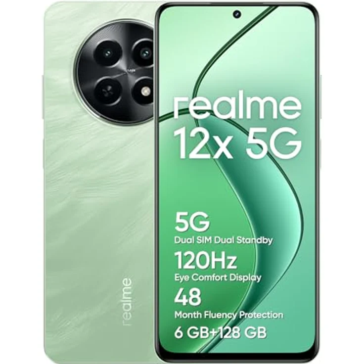Realme 12x 5G Smartphone 6+128 GB, 50MP AI Camera, TÜV SÜD 48-Month Fluency Protection, 120Hz Eye Comfort Display, 360° NFC, 5000mAh Battery, Feather Green – Bild 1