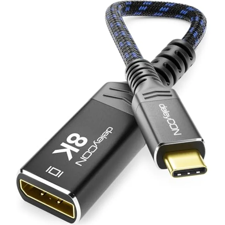 deleyCON 8K USB-C auf DisplayPort Adapter, Aluminium, 8K@60Hz / 4K@120Hz, für iPhone 17/16/15 Pro Max Air, MacBook, Black/Blue
