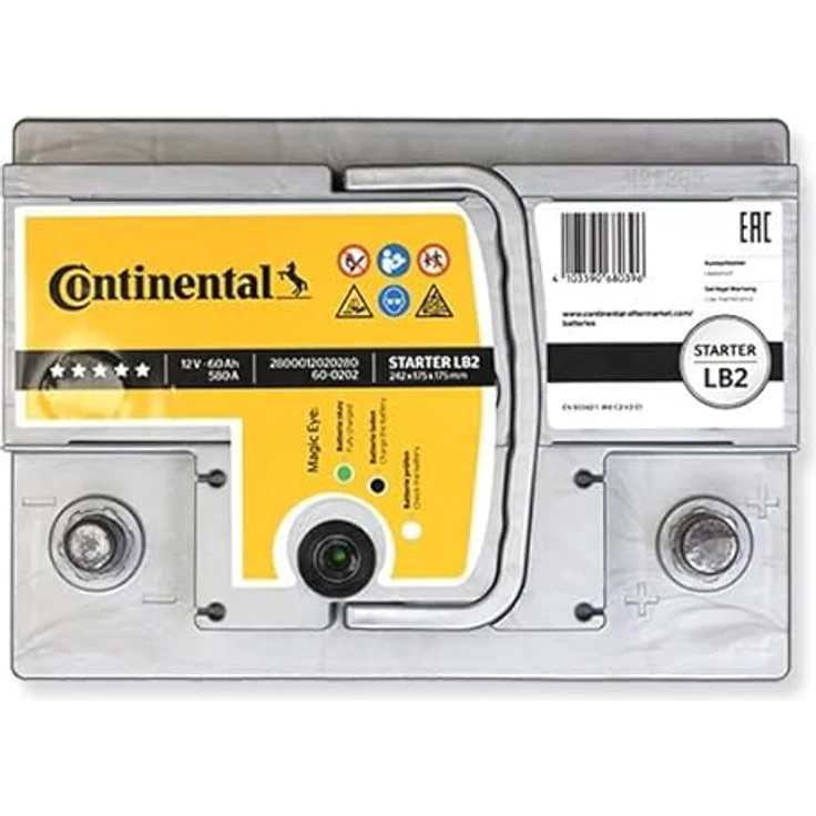 Continental Starterbatterie L2B 60Ah 12V 580A, wartungsfrei, für Benzin- und Dieselfahrzeuge, pluspol rechts – Bild 3