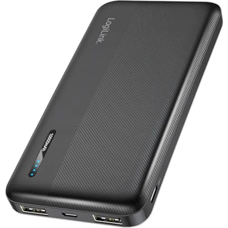 LogiLink PA0338RF Powerbank 10.000 mAh, Schnellladen, 2x USB-A, 1x USB-C, kompakt, schwarz