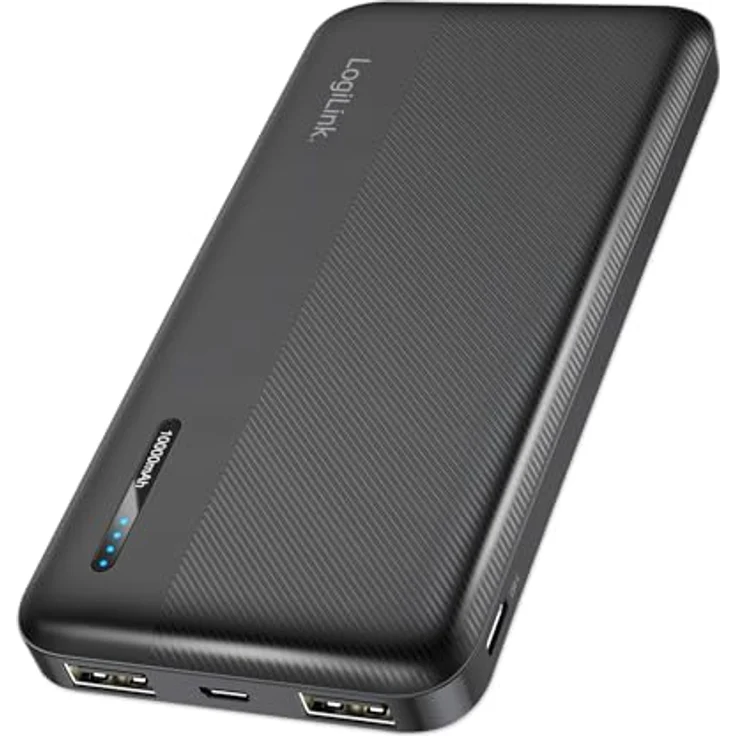 LogiLink PA0338RF Powerbank 10.000 mAh, Schnellladen, 2x USB-A, 1x USB-C, kompakt, schwarz – Bild 1