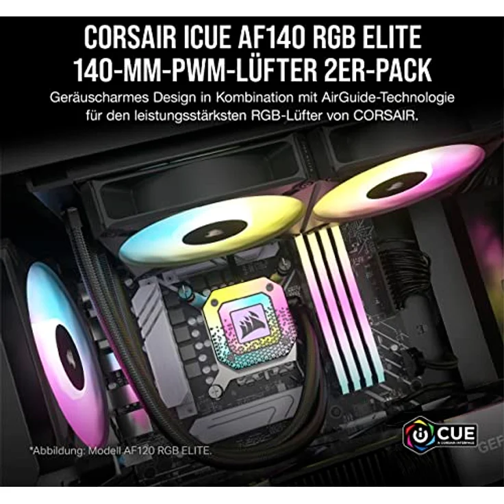 Corsair iCUE AF120 RGB ELITE 120mm PWM Dreifach-Lüfter-Kit - Acht RGB-LEDs Pro Lüfter - AirGuide-Technologie - Fluiddynamisches Lager - Inklusive iCUE Lighting Node CORE Controller - Schwarz – Bild 2