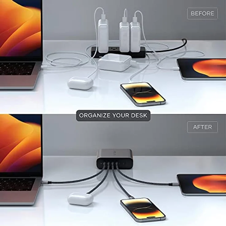 SATECHI GaN 200W USB-C Ladegerät mit 6 Anschlüssen – 2 x USB-C PD 3.1 (140W) und 4 x USB-C PD 3.0, Schnelllade-Reisestation, kompatibel mit Apple und den meisten Thunderbolt USB-C-Geräten – Bild 3