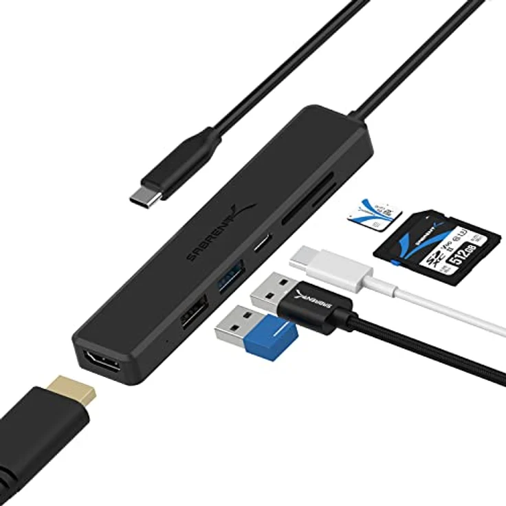 SABRENT USB C Adapter, USB C 3.2 Gen1 hub, USB verteiler mehrfach, USB c Docking Station mit 4K HDMI | 2 USB | PD 60W | SD/Micro SD kartenleser, für PS5, PC, USB Stick, MacBook (HB-TC6C) – Bild 1