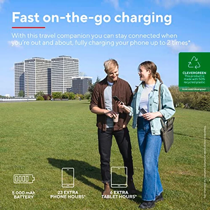 Trust Mobile Primo Dünne Powerbank Schnellladefunktion 5000 mAh, Nachhaltig, USB C Externer Akku, Tragbares Ladegerät 3A, Power Bank Handy, Smartphone, iPhone, iPad, Samsung, Xiaomi, Tablet – Bild 2