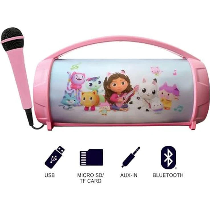 Lexibook Gabby's Dollhouse Bluetooth Light Speaker, tragbarer Lautsprecher mit mehrfarbigen Lichteffekten, Karaoke-Mikrofon und TWS-Stereosound, magisches Haus, pink – Bild 3
