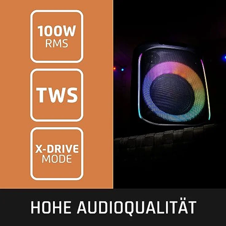 Lenco PA-101BK Bluetooth Party Speaker - Tragbare Box 100W RMS, Disco Light, USB Playback - Schwarz – Bild 4