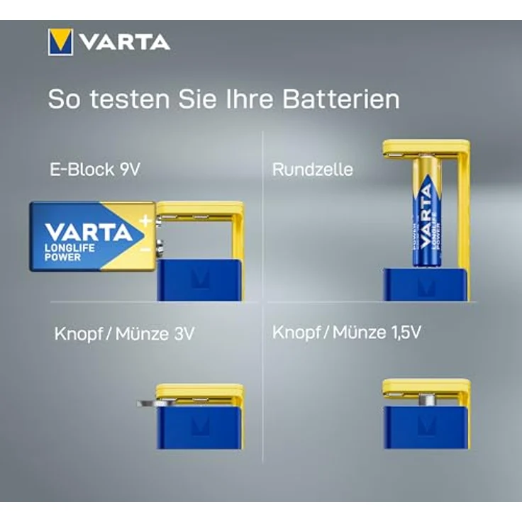 Varta LCD Battery Tester, geeignet für 9V, AA, AAA, C, D, Alkali, Lithium-Ion (Li-Ion), Nickel-Metallhydrid (NiMH), blau und gelb – Bild 5
