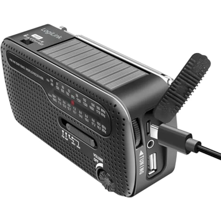 LogiLink Notfallradio 4-in-1, AM/FM, Handkurbel, Solarpanel, Powerbank-Funktion, LED-Taschenlampe, 1200 mAh Akku – Bild 10