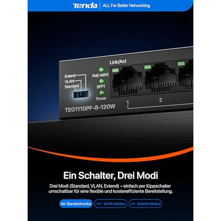 Tenda Switch TEG1110PF-8-120W, Unmanaged Netzwerk Switch mit 9 Ports und 92 Watt PoE-Leistung, Schwarz – Bild 5