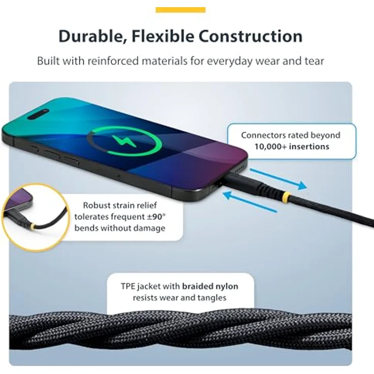 StarTech.com 30cm USB-C Ladekabel, 60W (3A) PD, geflochtener Nylon-TPE Mantel, Schwarz, USB 2.0 Schnellladekabel – Bild 4