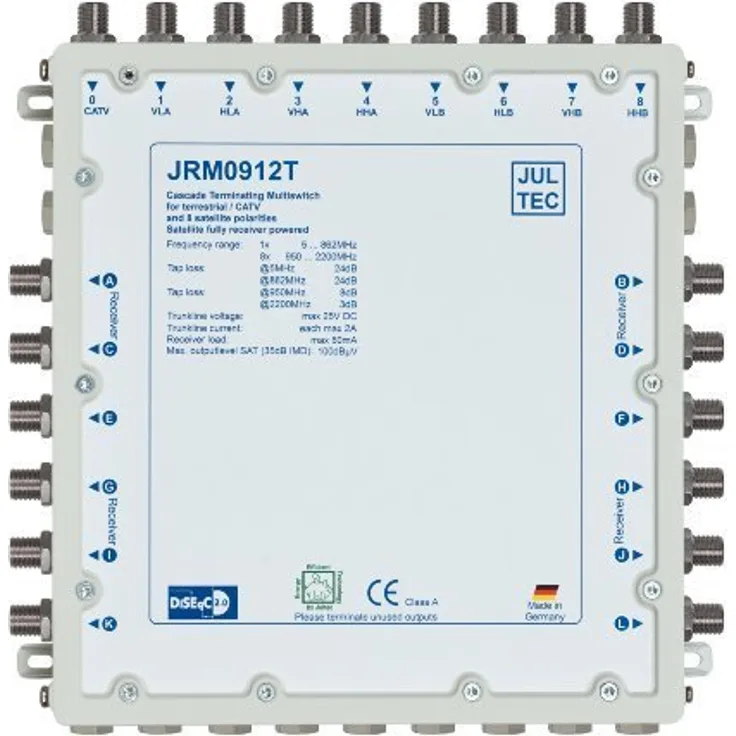 JULTEC JRM0912T, 2 Satelliten Multischalter 9/12 für bis zu 12 Teilnehmer, receivergespeist ohne Stromanschluss, Druckgussgehäuse, neueste Generation