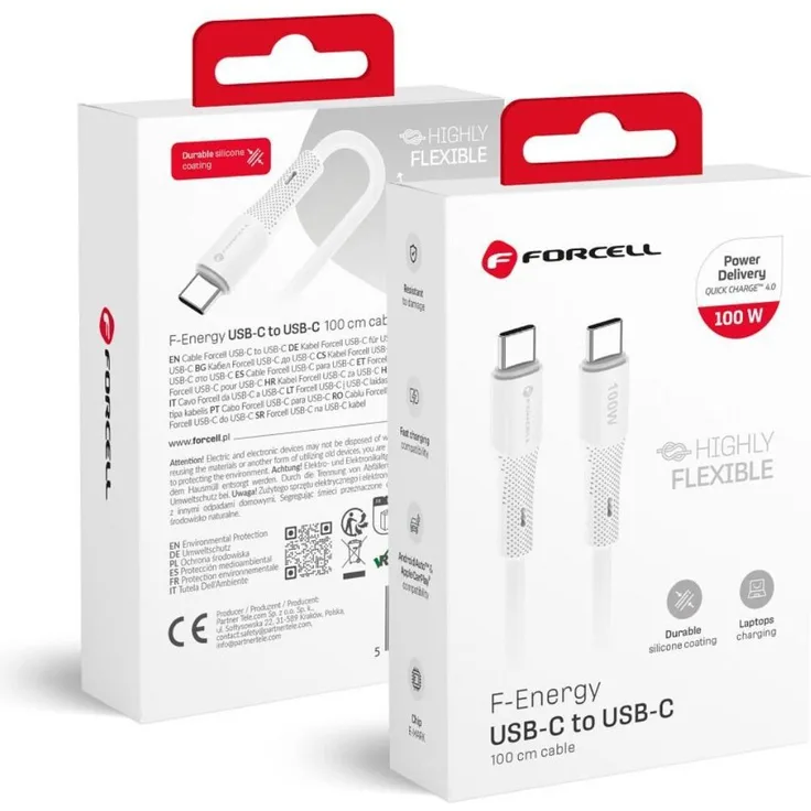 Forcell C347, USB C Kabel 100W PD 5A Schnellladekabel aus Silikon, 1m, QC4.0, Weiß