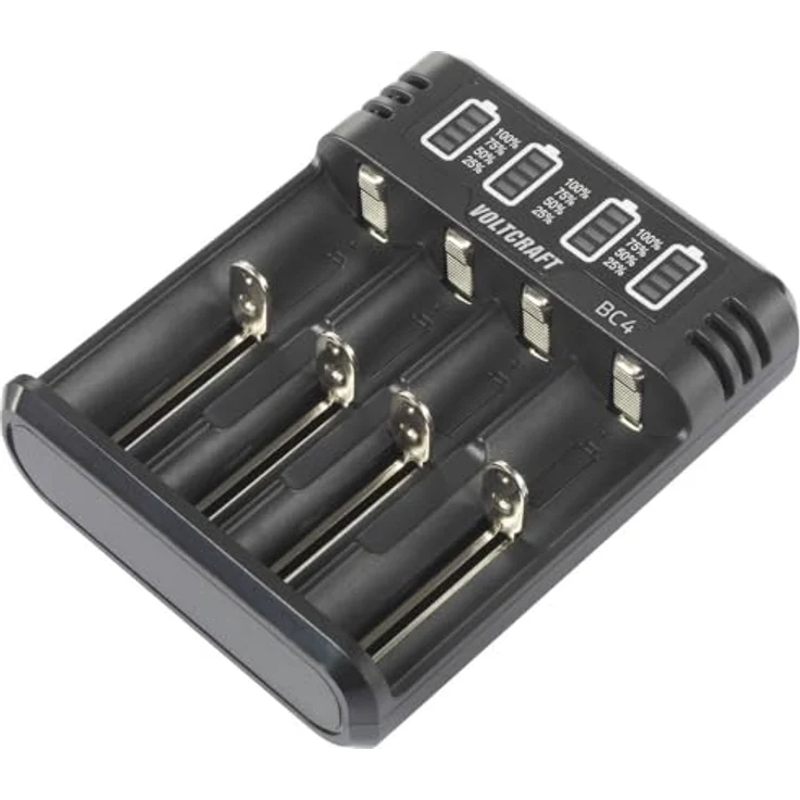 Voltcraft BC4 Rundzellen-Ladegerät LiIon, NiMH Mignon (AA), Micro (AAA), Baby (C), Sub-C, 10440, 16340, CR-123A, 17335, Ladegerät mit Ladeanzeige und Sicherheitsfunktionen, USB-C Kabel, schwarz – Bild 1
