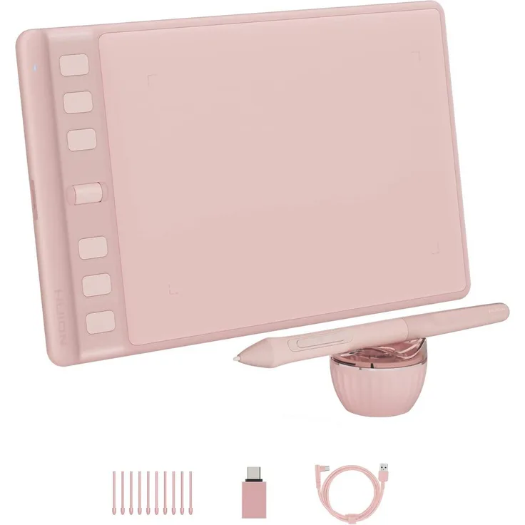 HUION Inspiroy 2 S Grafiktablett, 6 Tasten + Scroller, pink, extra dünn, batterieloser Stift PW110, 8192 Druckstufen