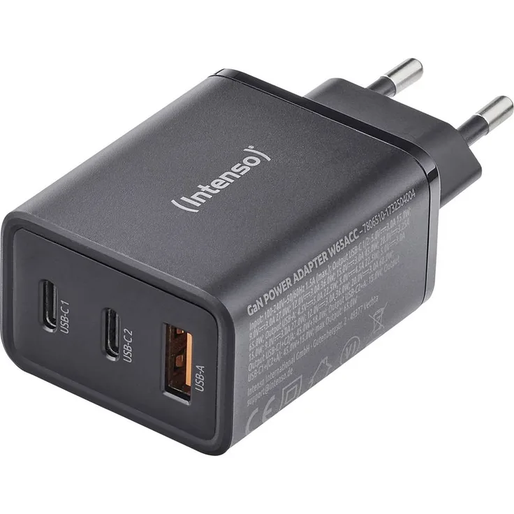 Intenso W65ACC GaN USB Ladegerät 65 W, 1x USB-A, 2x USB-C®, schwarz, energieeffizient und kompakt mit USB Power Delivery (USB-PD)