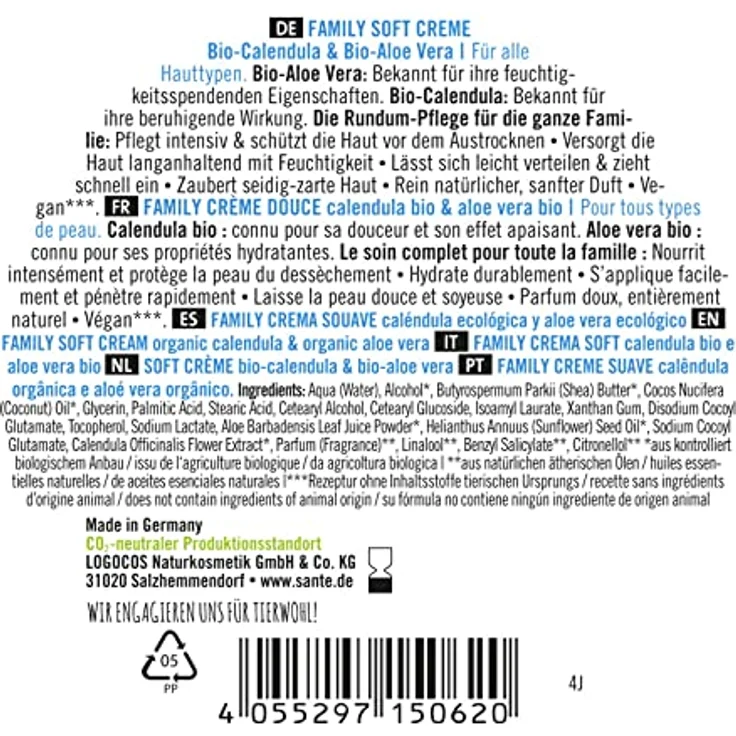 Sante Naturkosmetik Family Soft Creme Bio-Calendula & Bio-Aloe Vera, pflegt intensiv & schützt die Haut, 150.0 ml – Bild 2