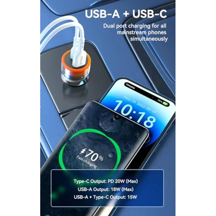 Bwoo 38W Auto Ladegerät, USB-C + USB-A mit Schnellladung und transparentem Design, kompakt – Bild 4