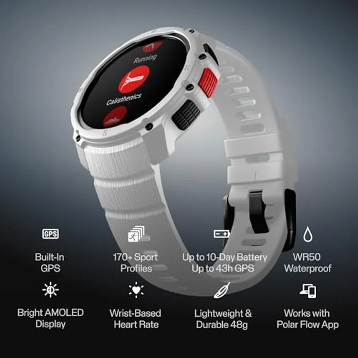 Polar Street X Smartwatch, 3,25 cm AMOLED-Touchscreen, GPS, Herzfrequenzmessung, stoßfest, integrierte LED-Taschenlampe, grau – Bild 2