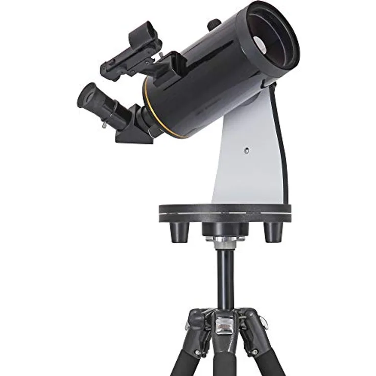 Omegon Dobson Teleskop MightyMak 90 Titania, kompaktes Teleskop mit vergüteter Frontlinse, hochglanz schwarz mit Goldsteifen