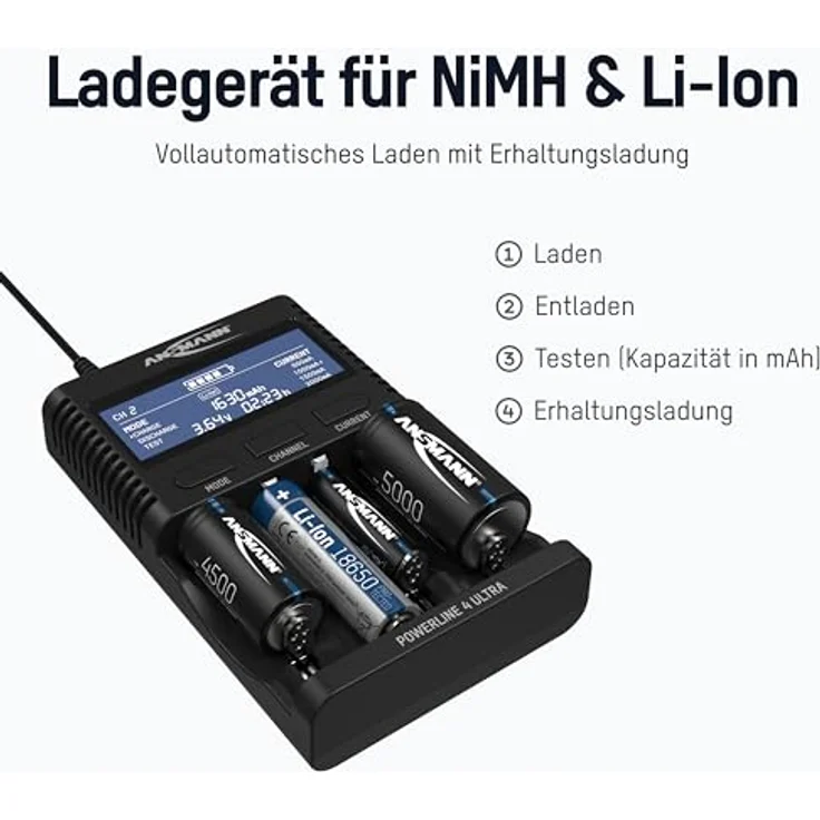 ANSMANN Akku-Ladegerät für AA-AAA-C-D NiMH Akkus & Li-Ion 18650-26650 Batterieladegerät mit 4 Ladeprogrammen: Laden, Entladen, Testen, Schnellladen + USB - Powerline 4 Ultra Akkupflegestation – Bild 2