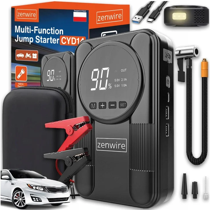 ZENWIRE Jump Starter 12V, 12000 mAh Powerbank mit 2000A Booster und 150 PSI Autokompressor, LED und LCD Display