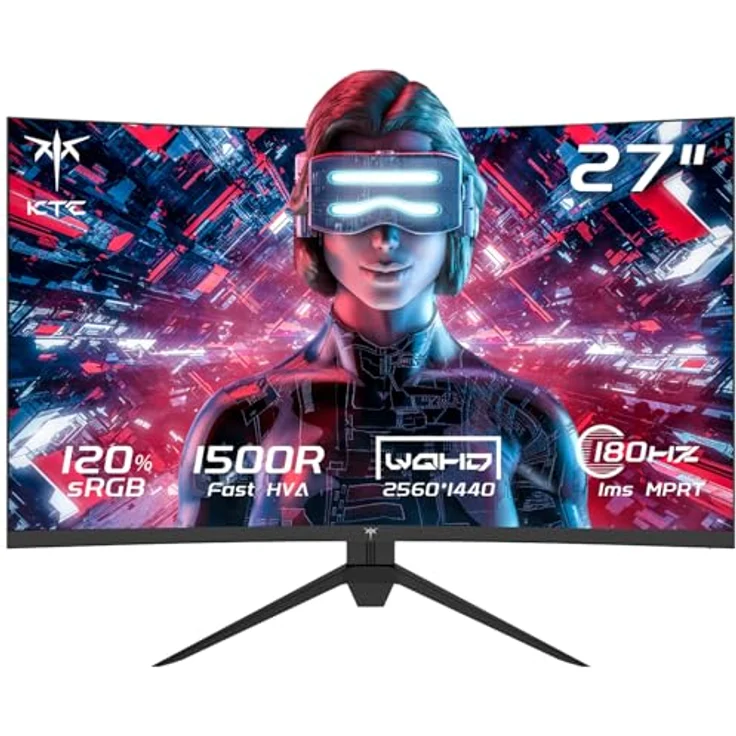 KTC Gaming Monitor Curved 27 Zoll, 180Hz, QHD 2K 2560 x 1440p, 1ms, HDR10, Freesync & G-sync, VA 1500R Rahmenlos Monitore, 120% sRGB, Blaulicht Reduktion, schwarz – Bild 1