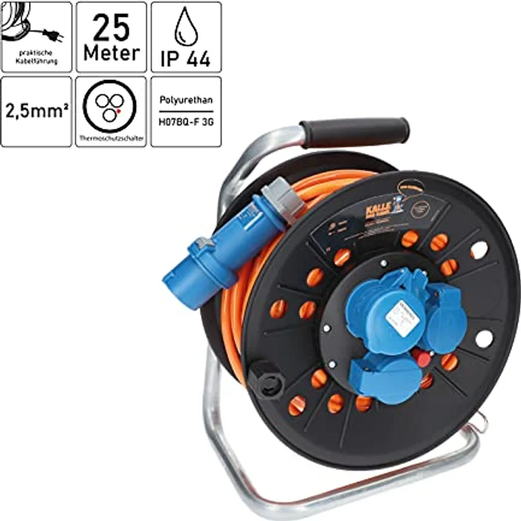 KALLE DAS KABEL Kabeltrommel Camping CEE-Campingkabeltrommel Wohnmobil-Kabeltrommel H07BQ-F 3G 2,5mm² EXTREME SIGNAL 25 Meter Orange Kabeltrommel + Anschlussleitung 1,5m + Adapterleitung – Bild 2