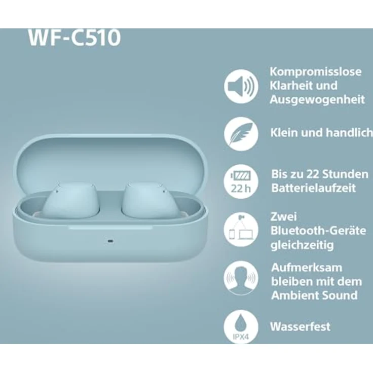 Sony WF-C510 Truly Wireless Kopfhörer - Klein, leicht, Bluetooth In-Ear Kopfhörer mit Multipoint Connection, Ambient Sound, IPX4 Bewertung, Spotify Tap, Quick Charge, 22 Std Akku, iOS & Android - Blau – Bild 3