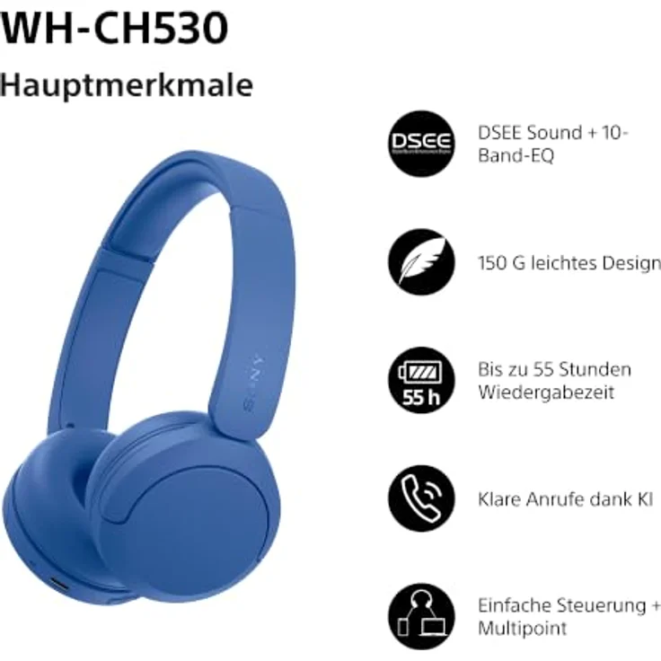 Sony WH-CH530, Over-Ear Kopfhörer mit hochwertigem Klang, blau – Bild 2