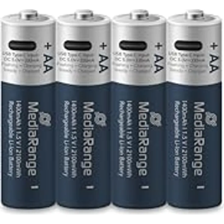 MediaRange wiederaufladbare USB-C Li-ION AA-Batterien, 1,5V, 1400mAh, 4er Pack mit 4-zu-1-Ladekabel