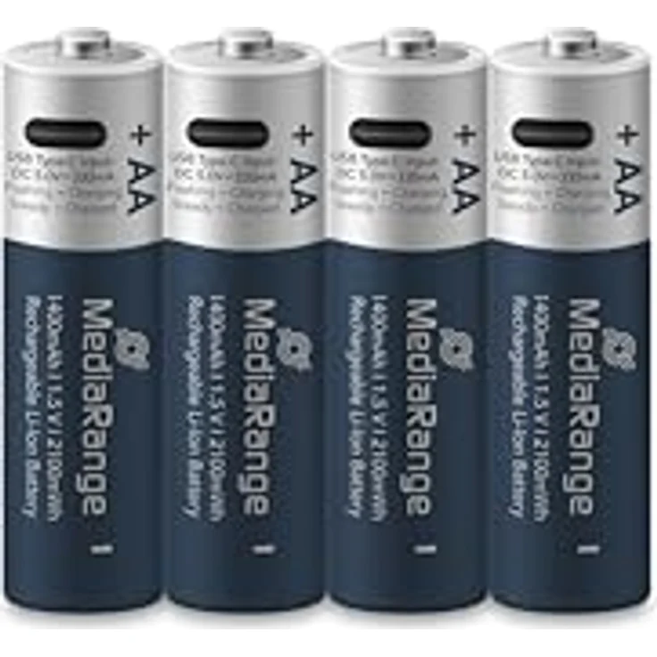 MediaRange wiederaufladbare USB-C Li-ION AA-Batterien, 1,5V, 1400mAh, 4er Pack mit 4-zu-1-Ladekabel – Bild 1