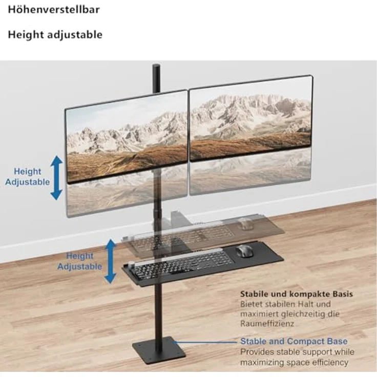 myWall My Wall Mobiler Sitz-/Steh-PC-Arbeitsplatz, höhenverstellbare Monitorhalterung für 2 Monitore (17"-32"), mit Gasdruckfeder und Kabelmanagement – Bild 4