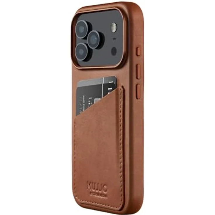 Mujjo Leder Schutzhülle für iPhone 17 Pro, MagSafe-kompatibel, integrierte Brieftasche, Hellbraun