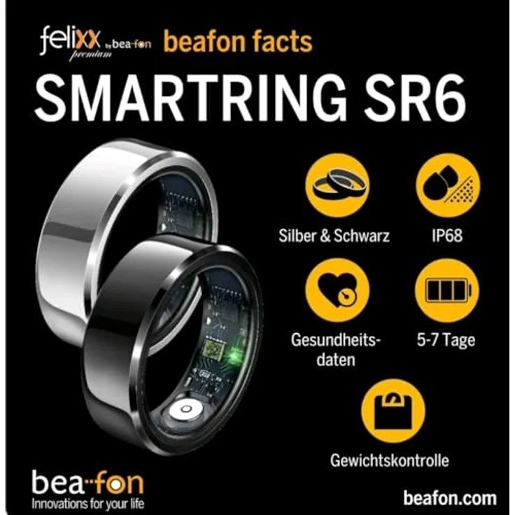 Felixx SR6 Smart Ring, Gesundheits-Tracker mit 7 Tagen Akkulaufzeit, Größe 12, Schwarz – Bild 6