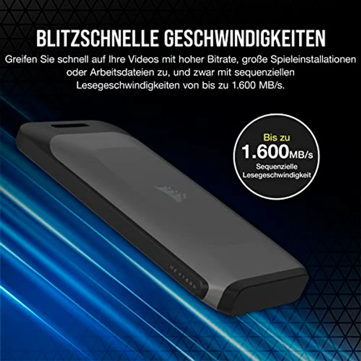 Corsair EX100U 2TB Tragbares USB Type-C-Datenspeicherlaufwerk - Ultraschnellen für jeden PC/Mac/Konsole, Gen2 x2, Plug-and-Play, Lieferumfang enthalten USB Type-C- und USB Type-A-Kabeln - Schwarz – Bild 3